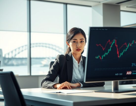 Trader analyzing AUD/USD currency pair decline during risk aversion market conditions