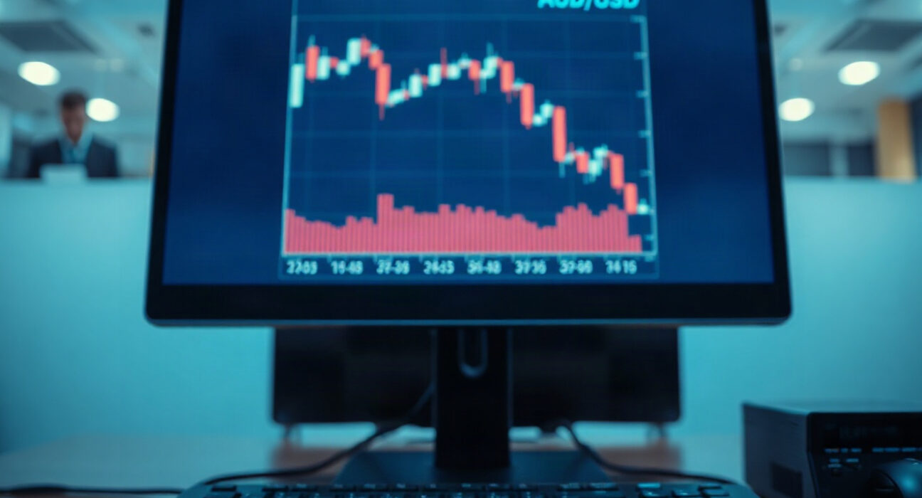 AUD/USD currency chart on a trading screen showing decline