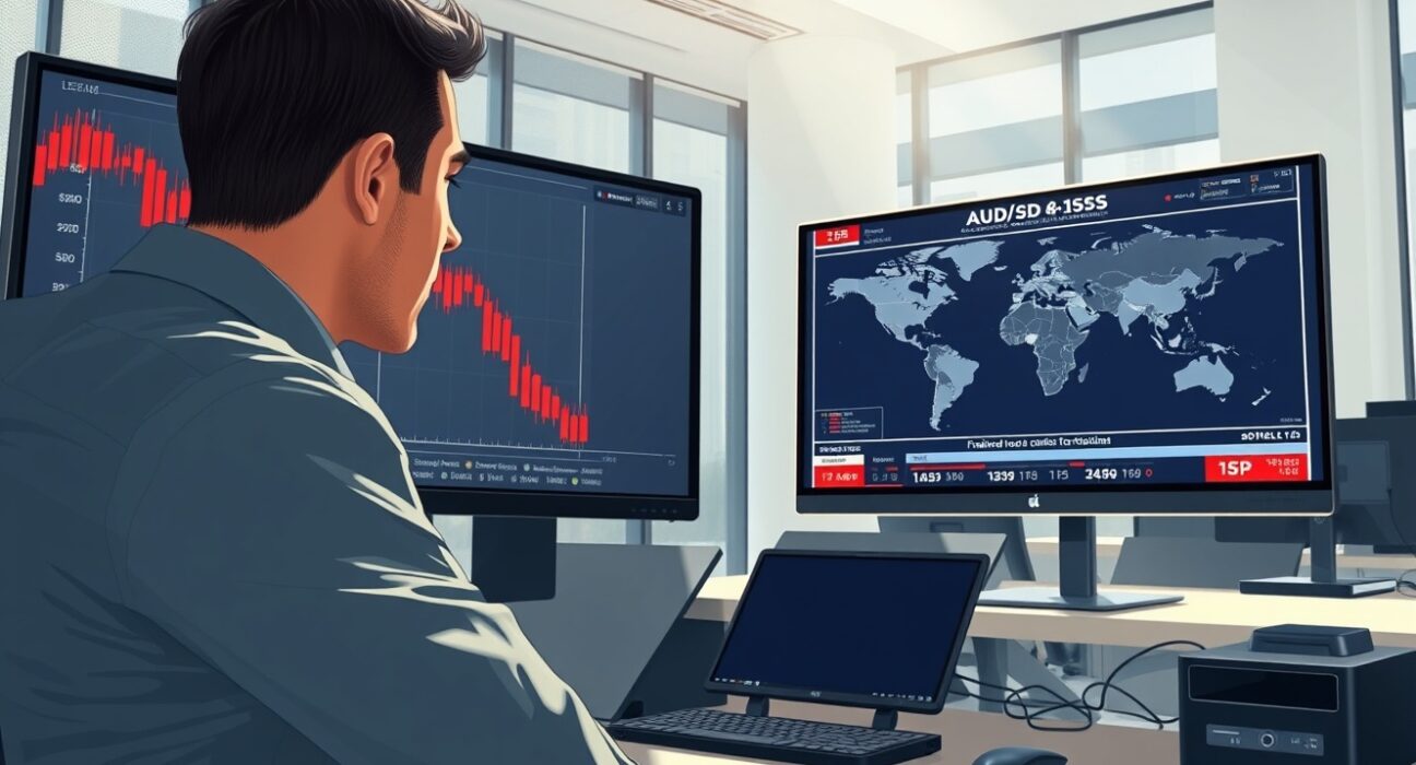 Trader analyzing falling AUD/USD chart as geopolitical tensions impact currency markets.