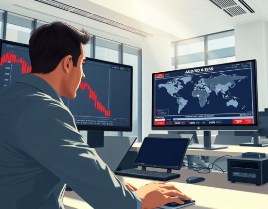 Trader analyzing falling AUD/USD chart as geopolitical tensions impact currency markets.