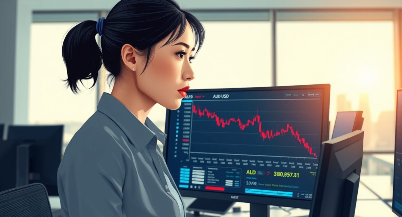 Trader in Sydney analyzes falling AUD/USD forex chart as Iran truce optimism fades.