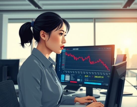 Trader in Sydney analyzes falling AUD/USD forex chart as Iran truce optimism fades.