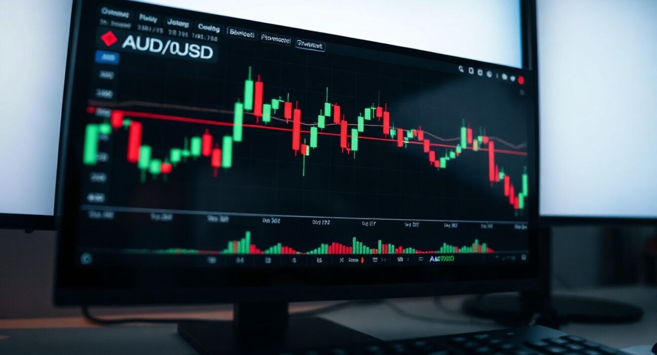 Forex trading screen showing AUD/USD candlestick chart with Fibonacci retracement levels and support at 0.7000