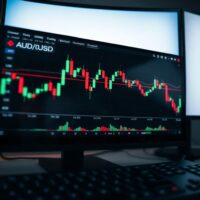 Forex trading screen showing AUD/USD candlestick chart with Fibonacci retracement levels and support at 0.7000