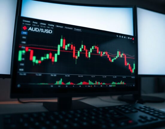 Forex trading screen showing AUD/USD candlestick chart with Fibonacci retracement levels and support at 0.7000