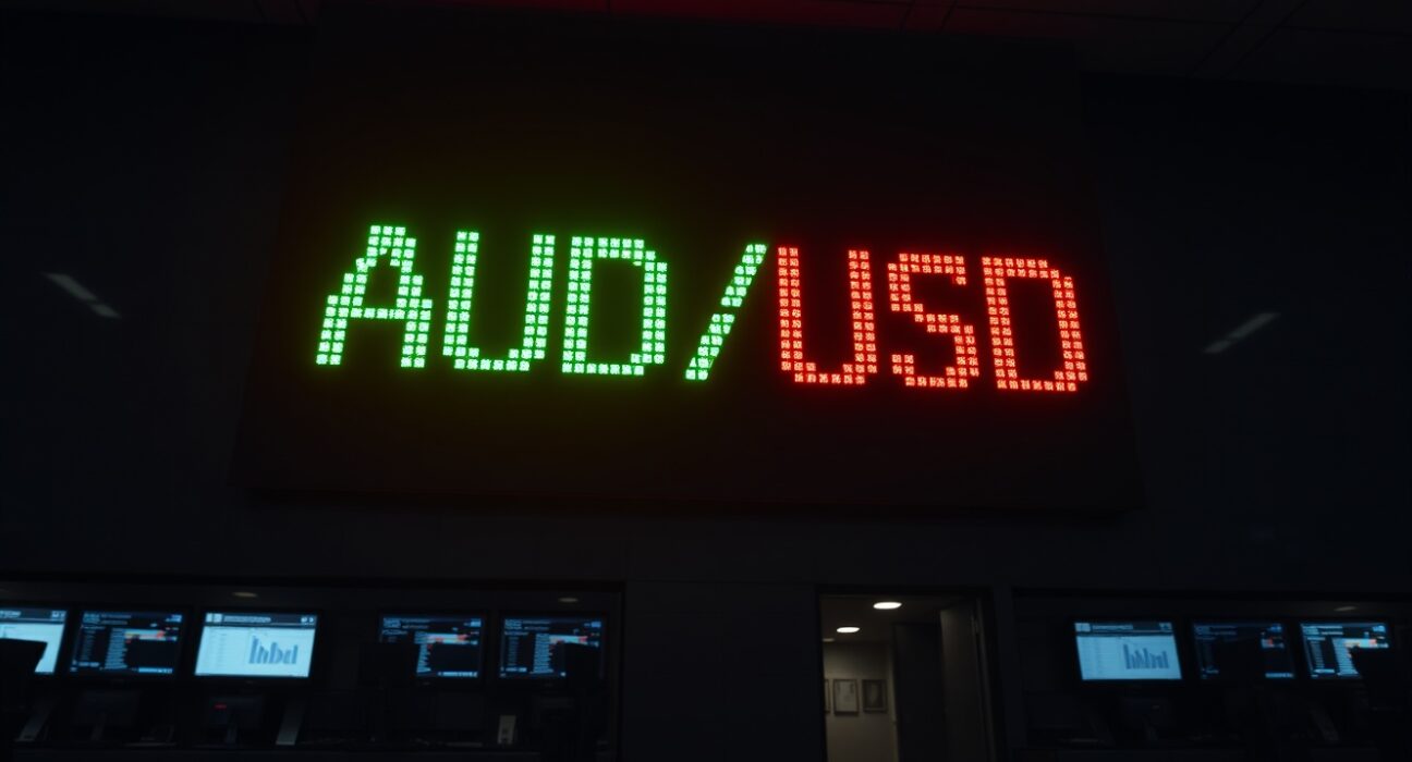 AUD/USD trading board showing sideways trend with flat 20-day EMA on a modern trading floor