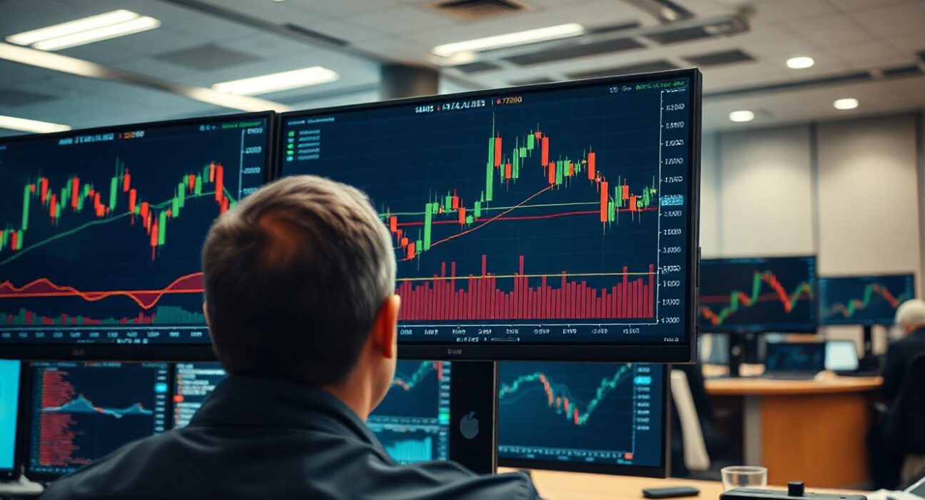 Forex trading desk monitors showing AUD/USD candlestick chart with 100-day SMA line