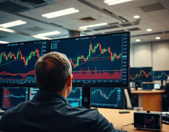 Forex trading desk monitors showing AUD/USD candlestick chart with 100-day SMA line
