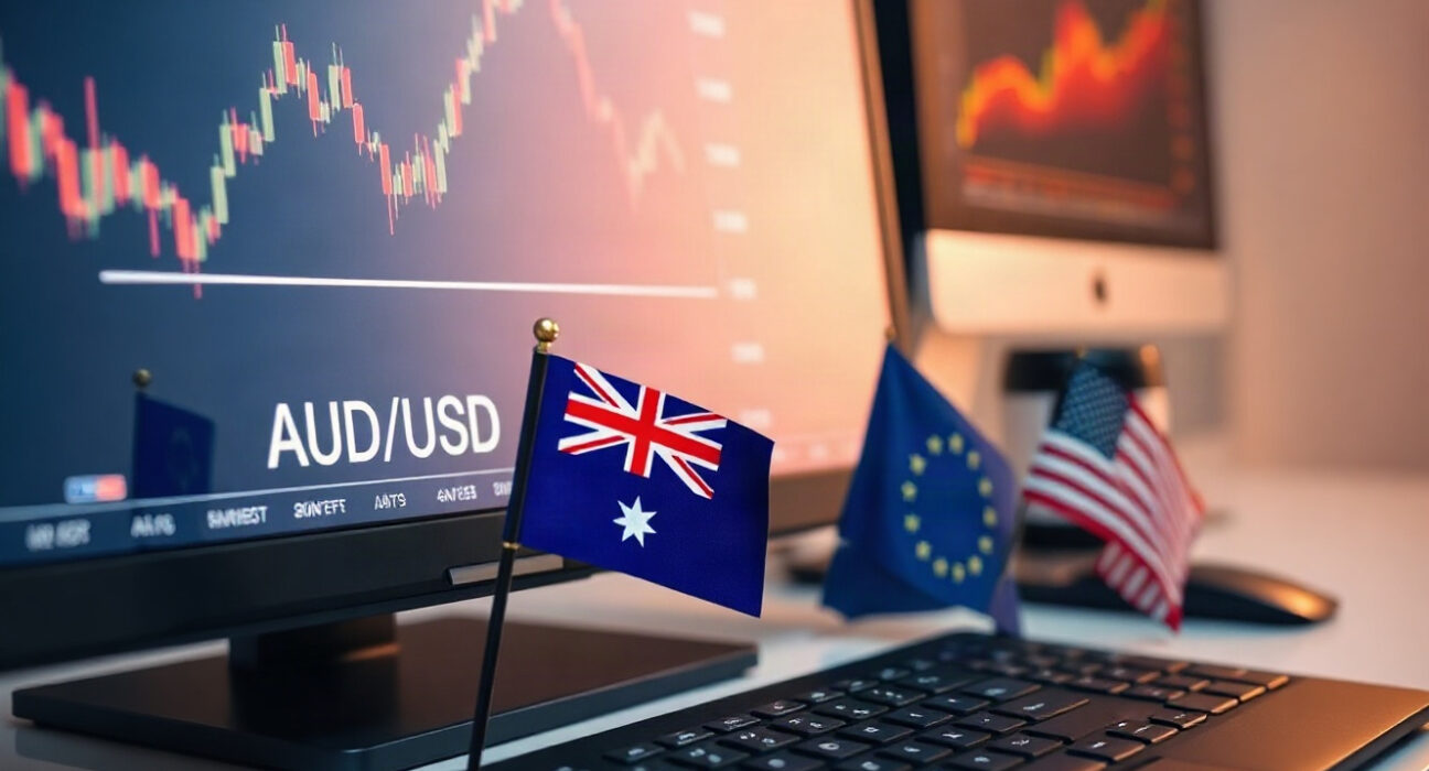 AUD/USD trading chart on a screen with Australian and US flags on a desk
