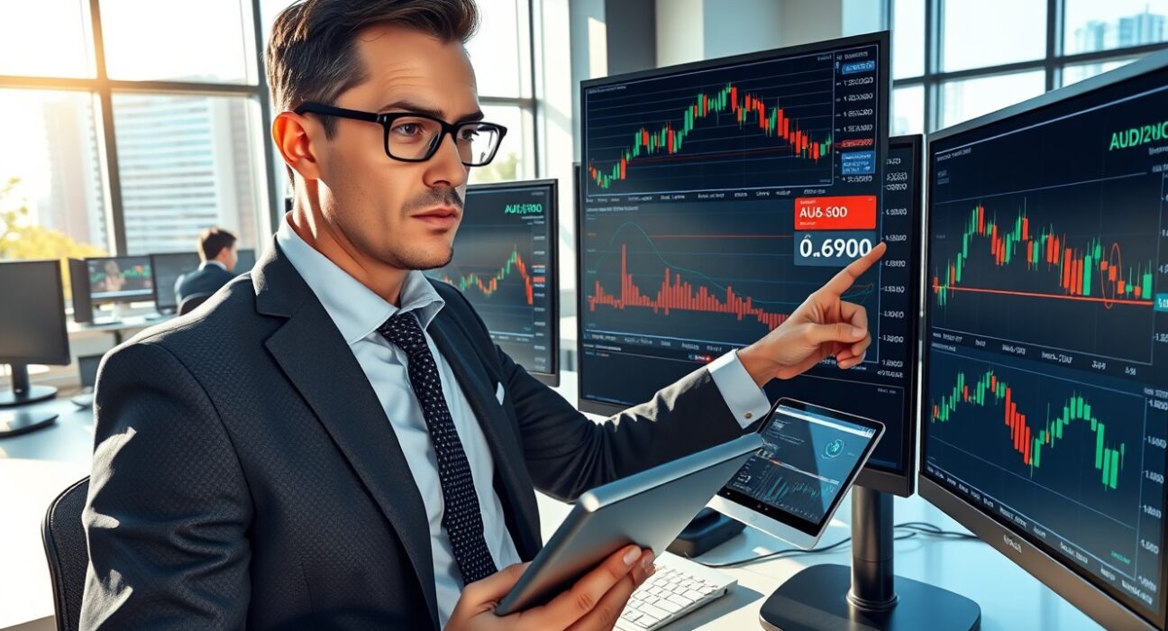 Financial analyst examining AUD/USD currency charts showing the critical 0.6900 support level in forex trading analysis