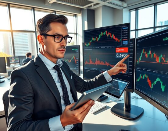 Financial analyst examining AUD/USD currency charts showing the critical 0.6900 support level in forex trading analysis