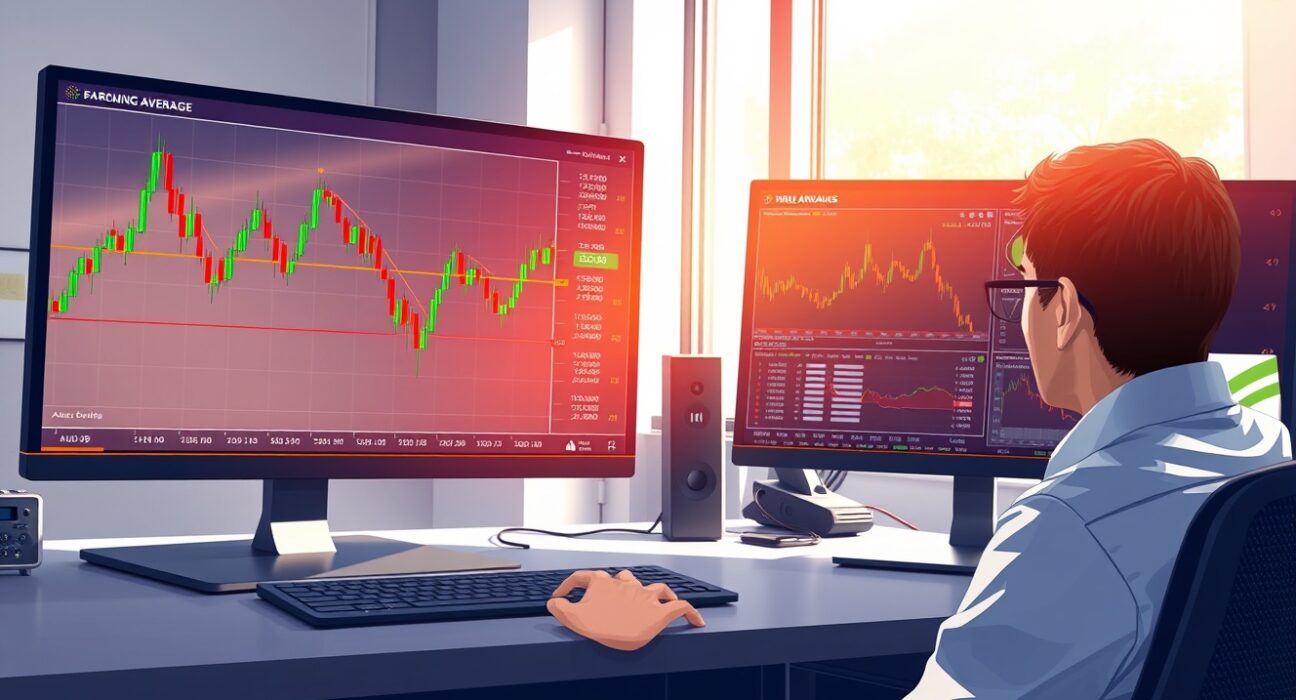 Professional trading desk analyzing AUD/USD price charts with 200-EMA technical indicator for forex forecasting.