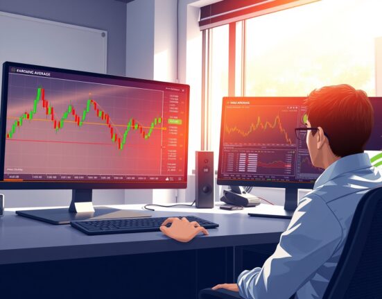 Professional trading desk analyzing AUD/USD price charts with 200-EMA technical indicator for forex forecasting.