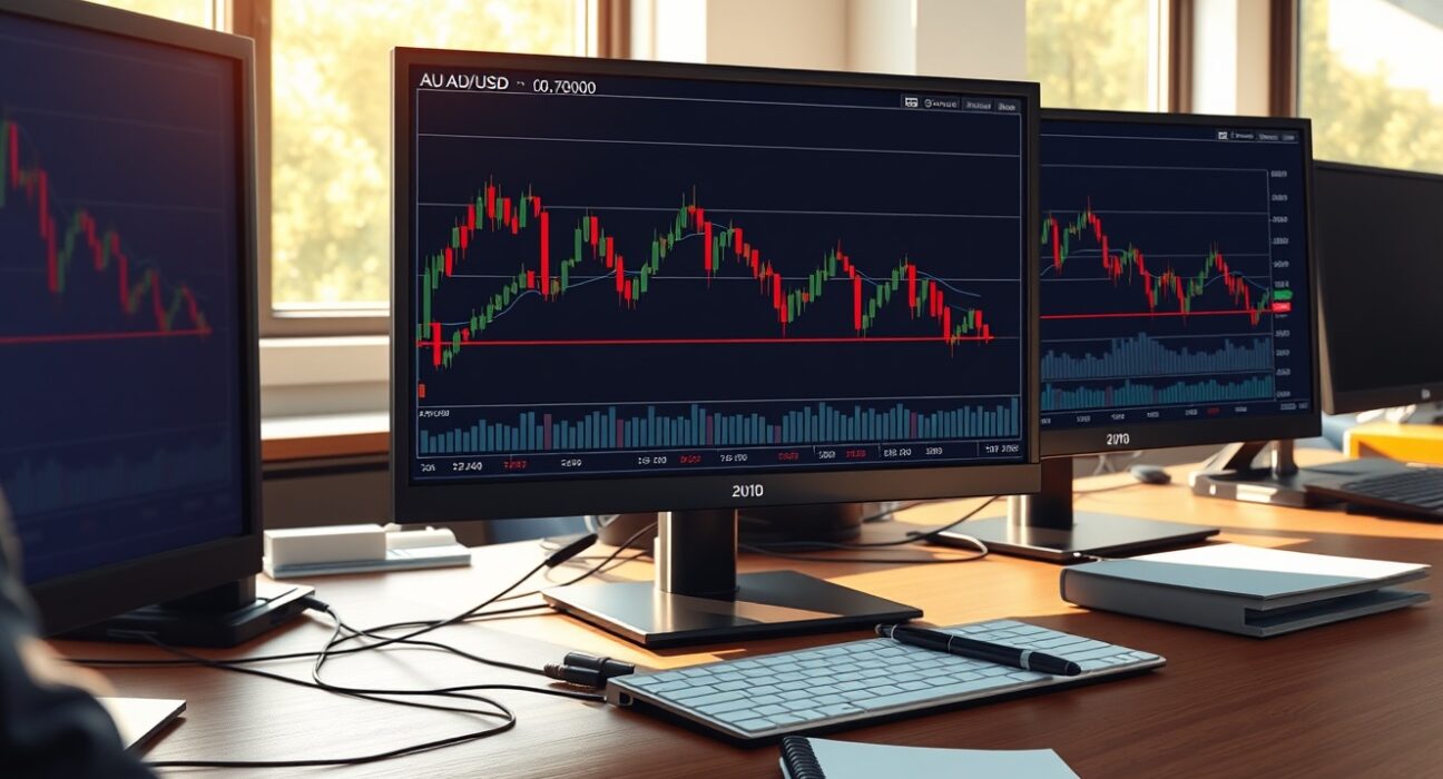 AUD/USD technical analysis showing price approaching 0.7000 with 200-EMA breakdown risk on trading desk monitors