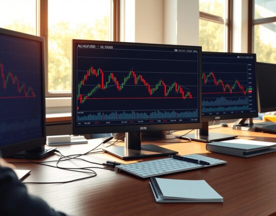 AUD/USD technical analysis showing price approaching 0.7000 with 200-EMA breakdown risk on trading desk monitors