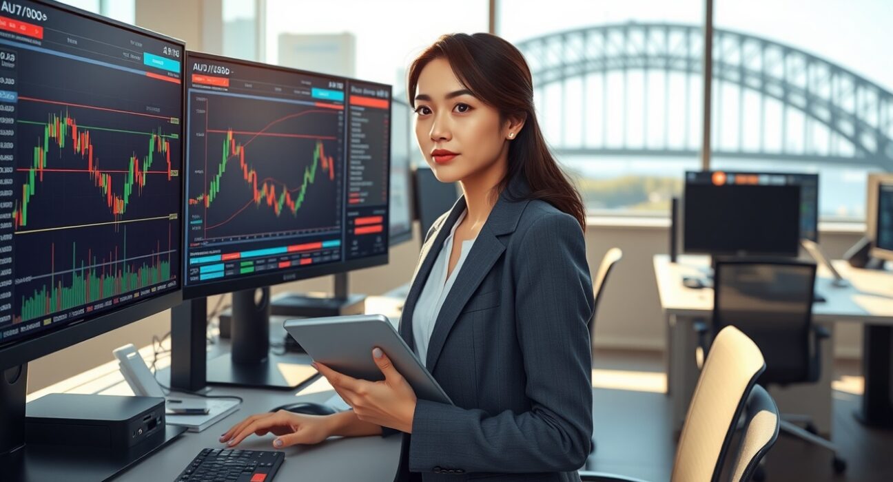 Professional trader in Sydney analyzes AUD/USD price chart showing resistance at 0.7100 level.