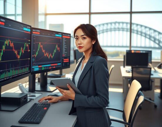 Professional trader in Sydney analyzes AUD/USD price chart showing resistance at 0.7100 level.