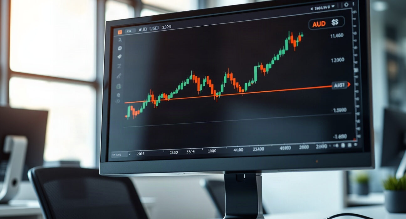 AUD/USD price chart on a monitor in a trading office, reflecting bullish momentum after hot Australian CPI data.
