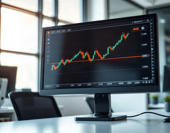 AUD/USD price chart on a monitor in a trading office, reflecting bullish momentum after hot Australian CPI data.
