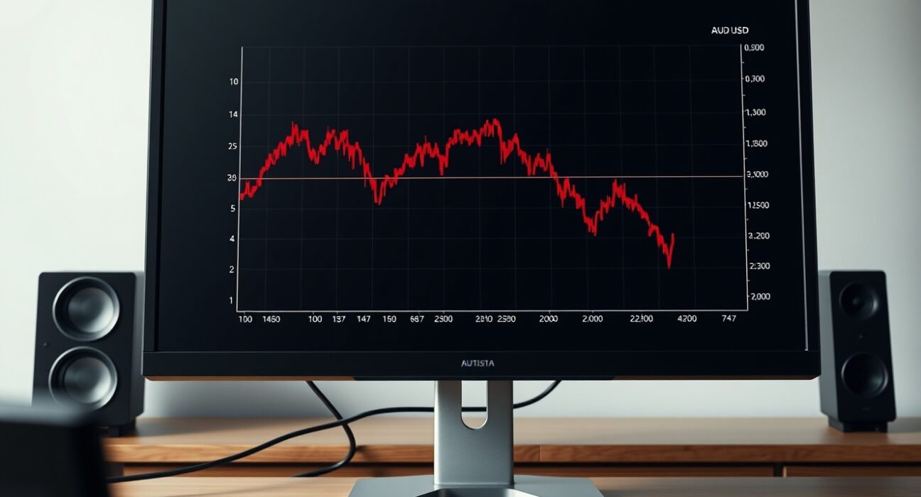 AUD/USD forecast chart showing a sharp decline below the key 0.7000 support level on a trading screen.