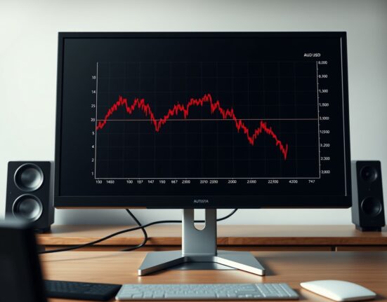 AUD/USD forecast chart showing a sharp decline below the key 0.7000 support level on a trading screen.