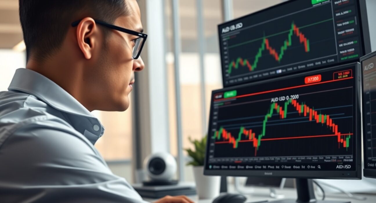 Financial analyst examining AUD/USD currency charts for breakout above 0.7200 level
