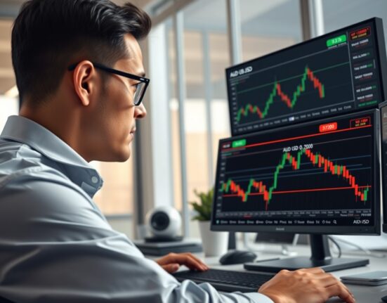 Financial analyst examining AUD/USD currency charts for breakout above 0.7200 level