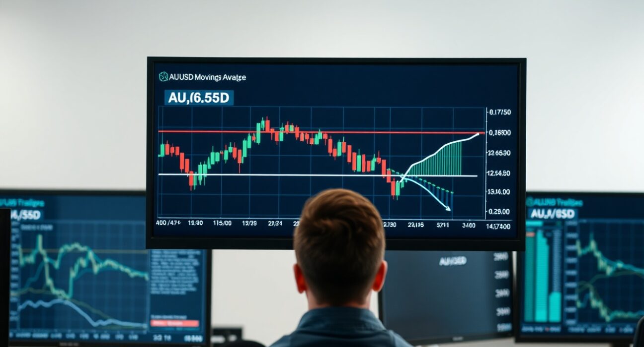 Financial analyst monitoring AUD/USD price chart showing consolidation at 0.6850 near the 100-day moving average.