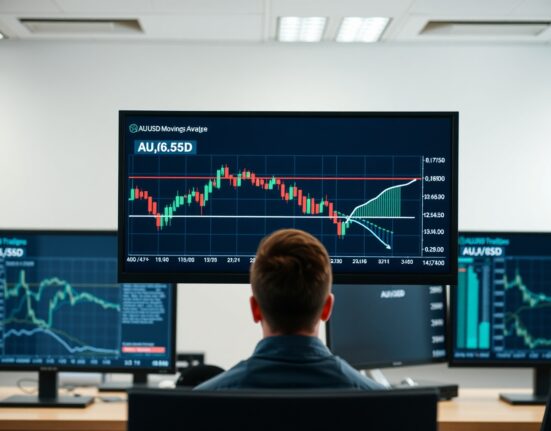 Financial analyst monitoring AUD/USD price chart showing consolidation at 0.6850 near the 100-day moving average.