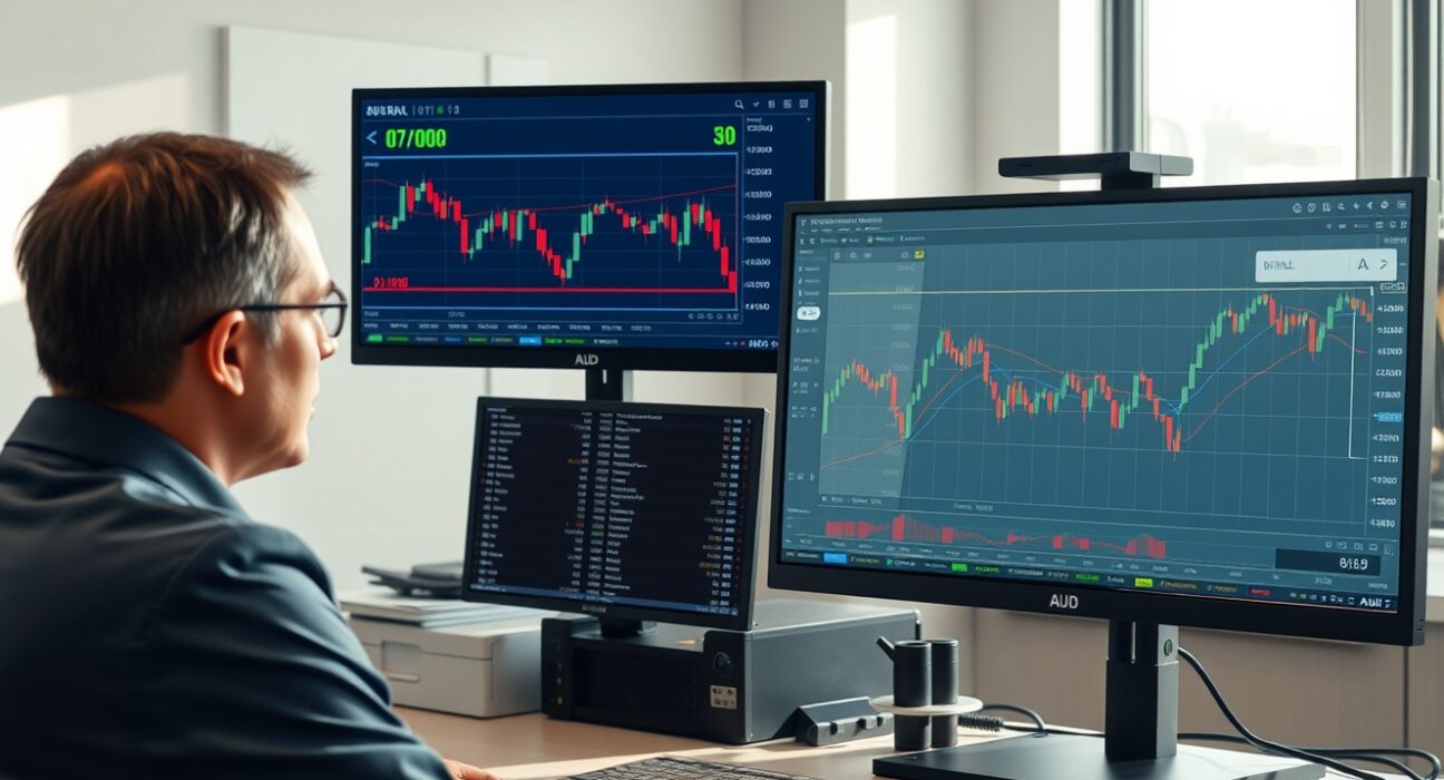 Professional trading desk analysis of AUD/USD forex pair showing price consolidation near 0.7100 level.