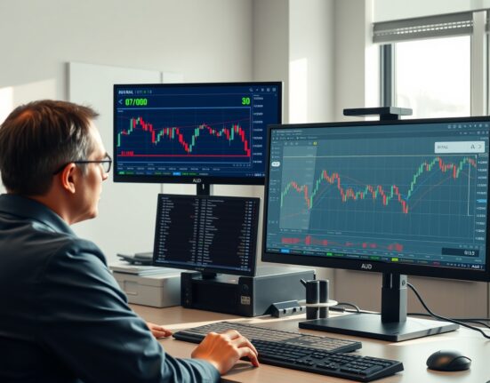 Professional trading desk analysis of AUD/USD forex pair showing price consolidation near 0.7100 level.