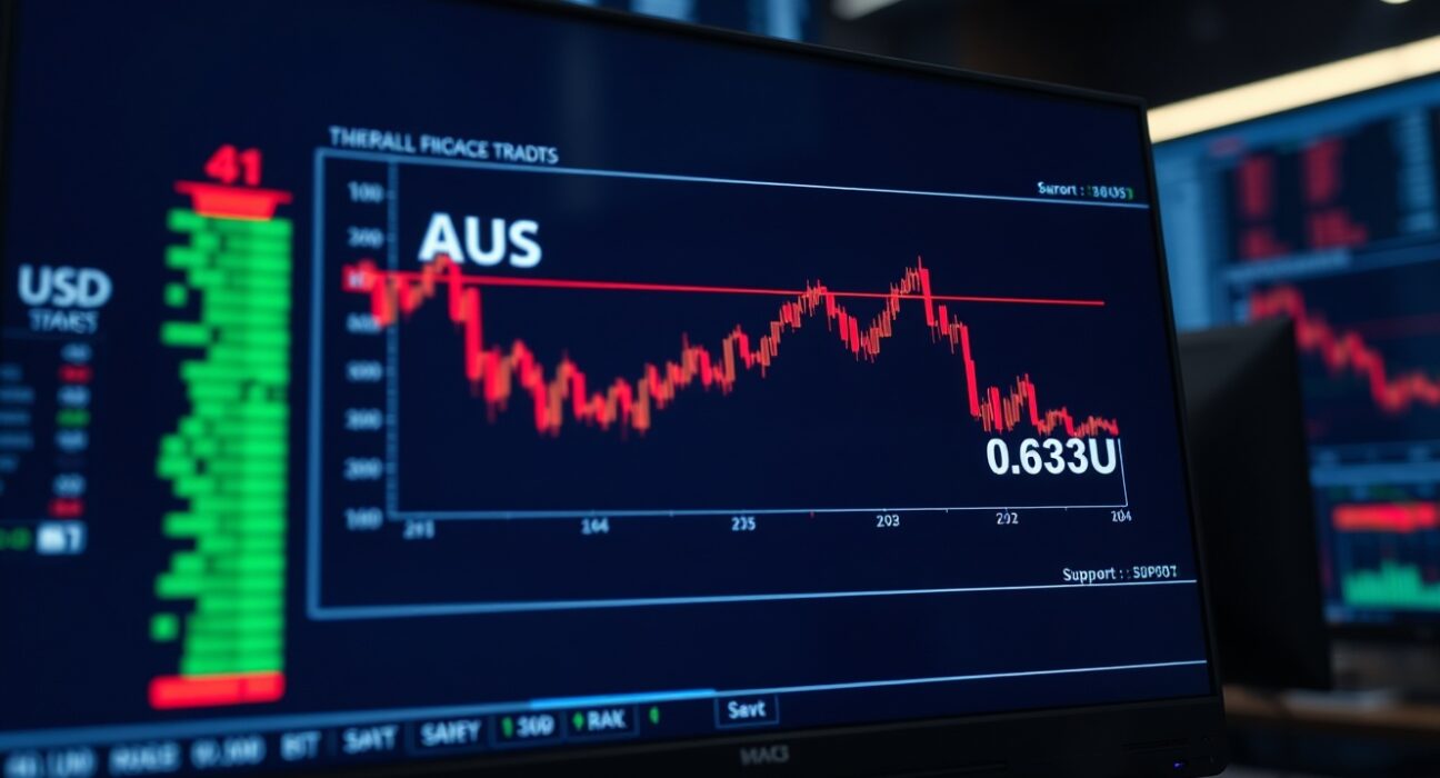 AUD/USD currency pair chart showing bearish trend approaching the 0.6830 support level on a trading screen.