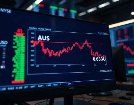 AUD/USD currency pair chart showing bearish trend approaching the 0.6830 support level on a trading screen.