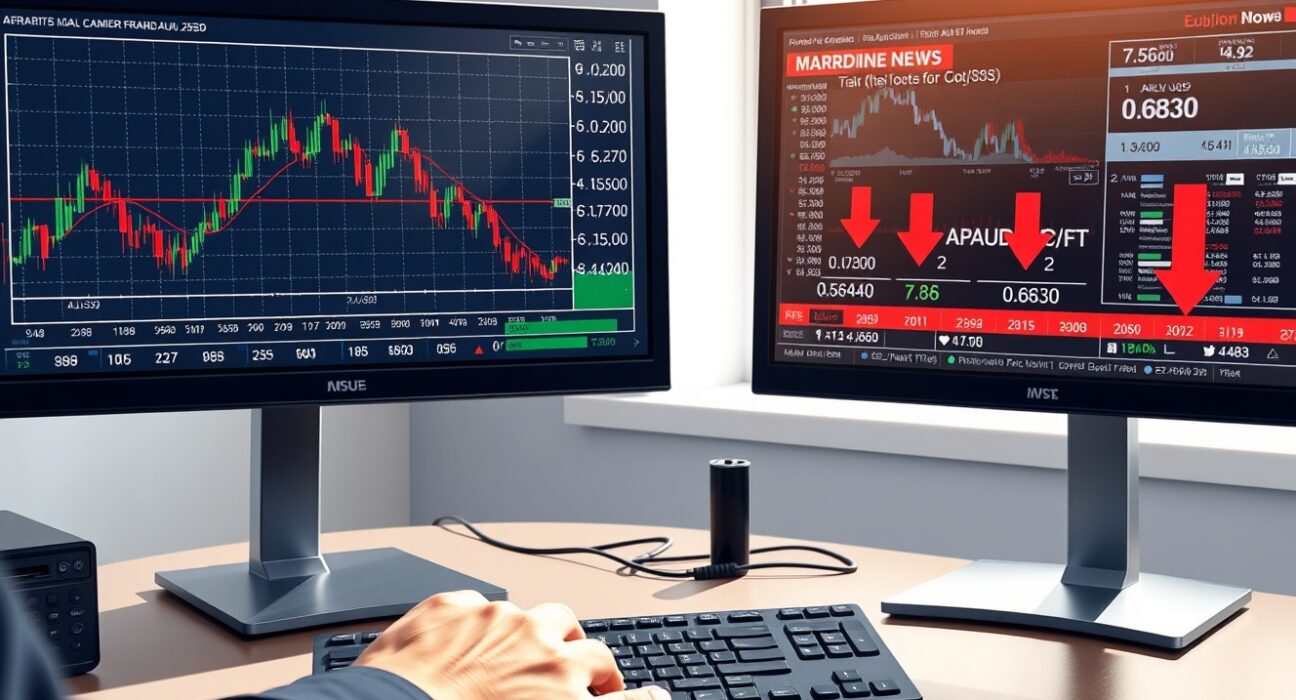 AUD/USD forecast analysis showing trading desk with currency pair charts breaking below 0.6830 level