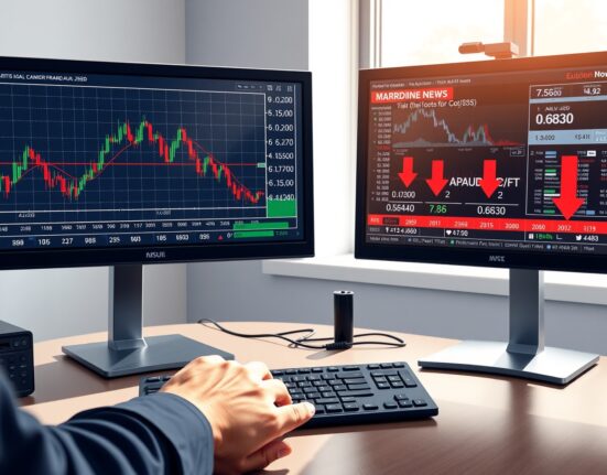 AUD/USD forecast analysis showing trading desk with currency pair charts breaking below 0.6830 level