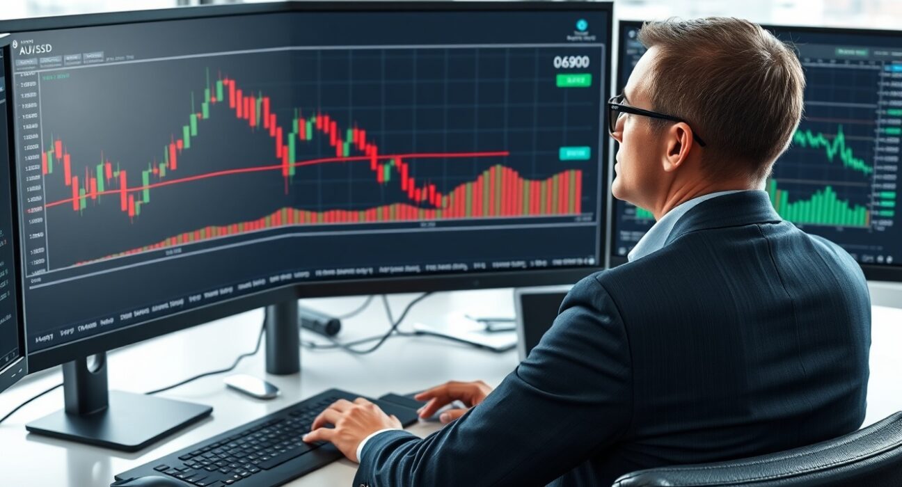 Forex trader analyzing AUD/USD price chart showing weakening momentum and downside risks below 0.6900 level