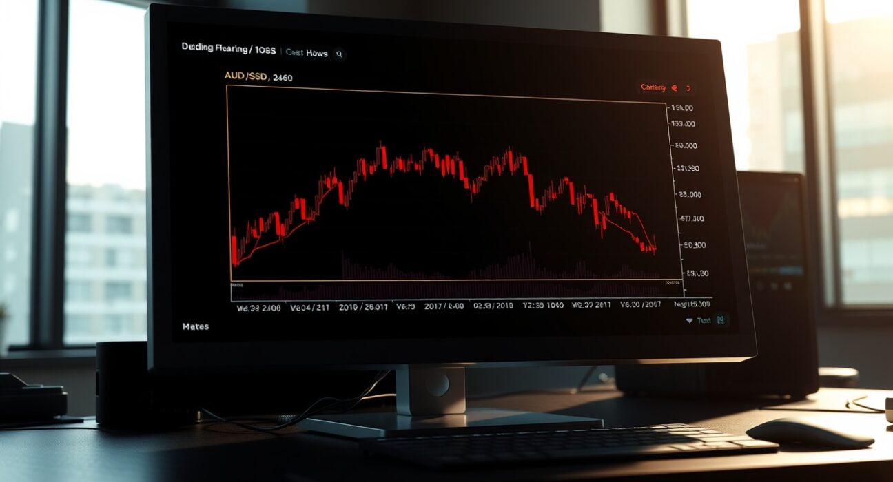 AUD/USD forecast showing a declining trend on a trading terminal ahead of key economic data.