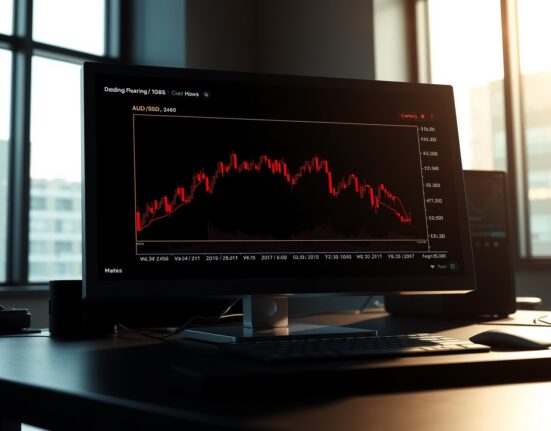 AUD/USD forecast showing a declining trend on a trading terminal ahead of key economic data.
