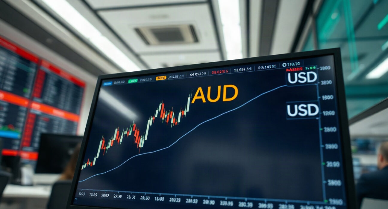 AUD/USD price chart on a trading screen with an upward trend line, indicating focus on the 0.7200 level.