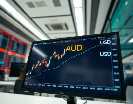 AUD/USD price chart on a trading screen with an upward trend line, indicating focus on the 0.7200 level.