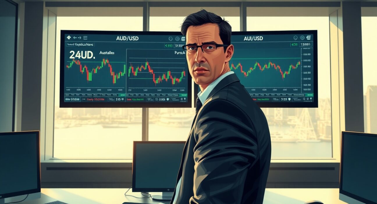 Professional forex trader analyzing AUD/USD exchange rate amid geopolitical tensions and RBA policy decisions