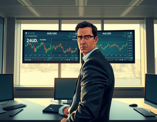 Professional forex trader analyzing AUD/USD exchange rate amid geopolitical tensions and RBA policy decisions