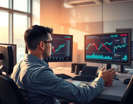 Financial trader analyzing AUD/USD exchange rate data and charts in professional trading environment