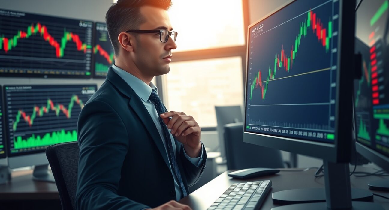 Financial analyst monitoring AUD/USD forex chart volatility amid Iran-US geopolitical tensions.