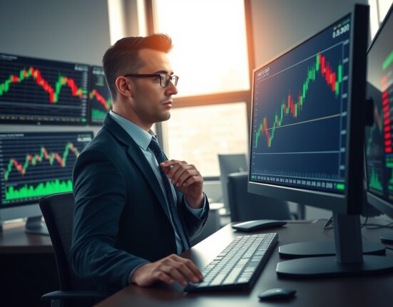 Financial analyst monitoring AUD/USD forex chart volatility amid Iran-US geopolitical tensions.