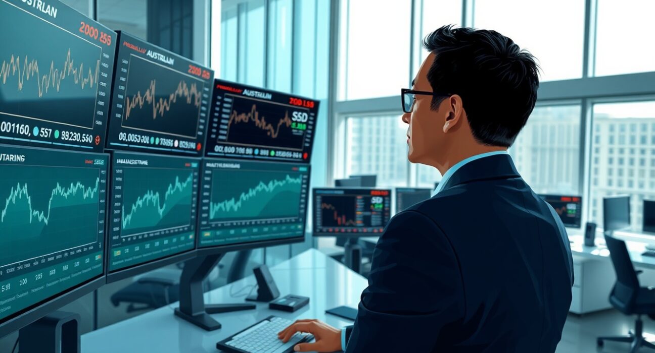 Financial analyst examining AUD/USD charts and Australian economic data in trading environment