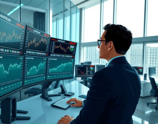 Financial analyst examining AUD/USD charts and Australian economic data in trading environment