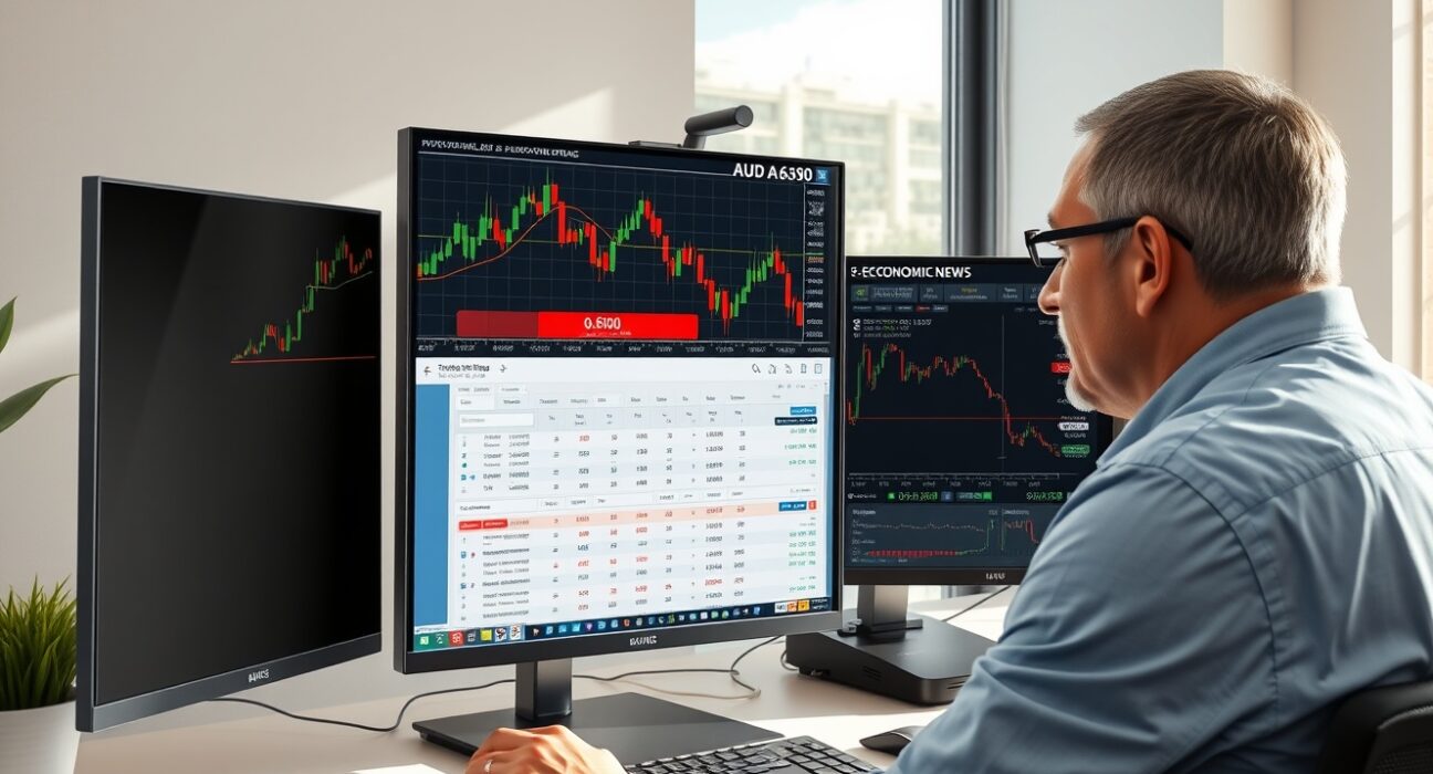 Forex trader analyzing AUD/USD price chart testing the nine-day exponential moving average.