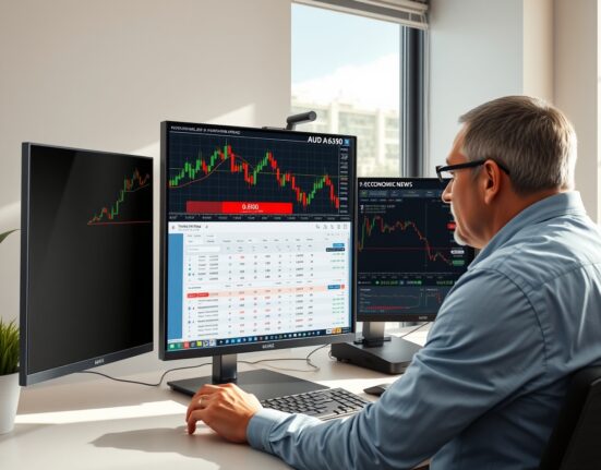Forex trader analyzing AUD/USD price chart testing the nine-day exponential moving average.