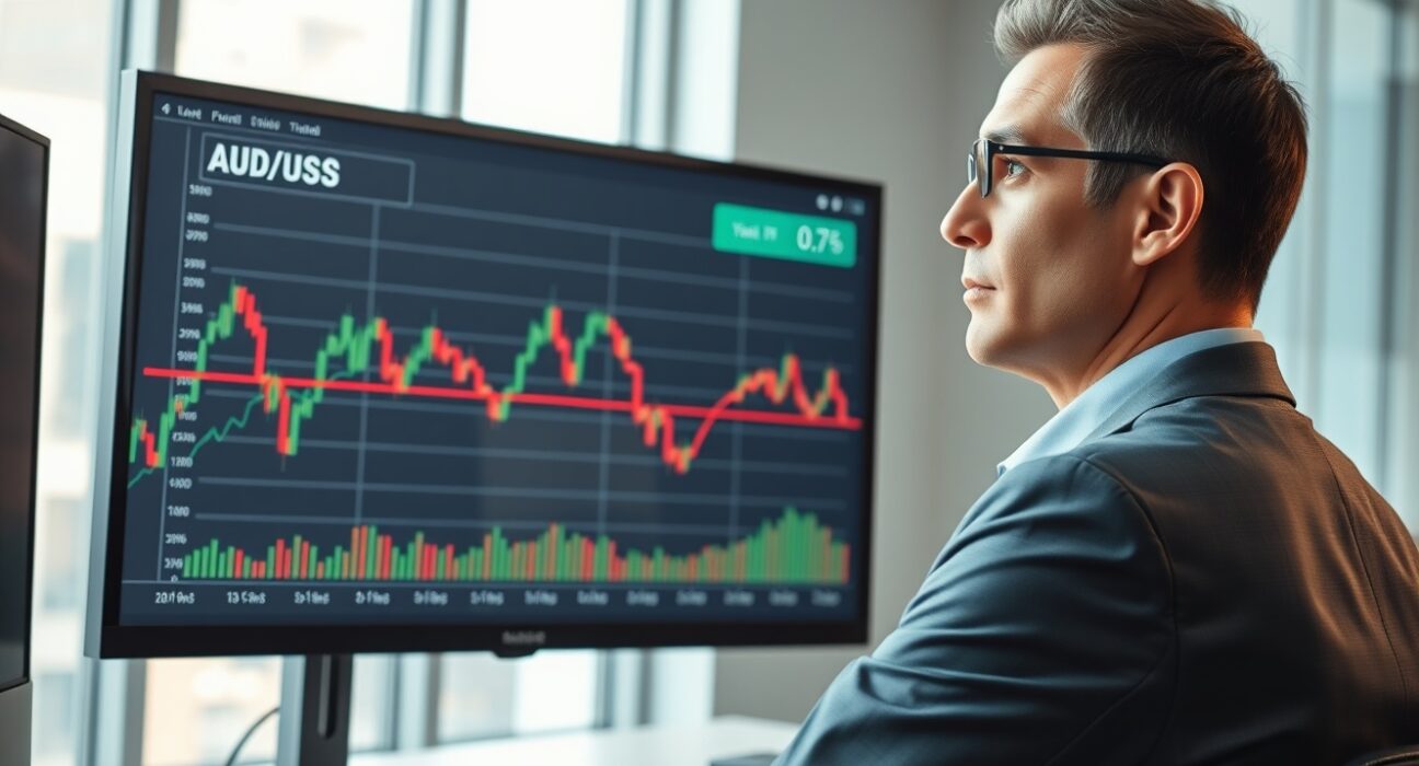 Financial analyst reviews AUD/USD forecast chart showing path to 0.75 level.